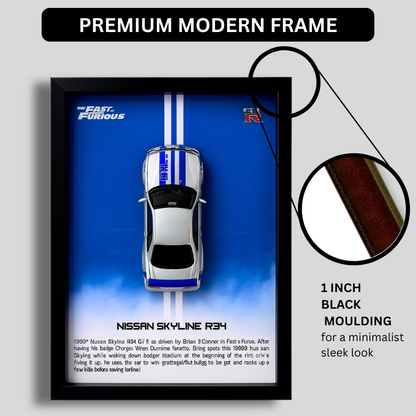 Fast & Furious Nissan Skyline R34 GT-R Diecast Car Frame 1:32 – 3D Wall Art for Collectors & Movie Fans