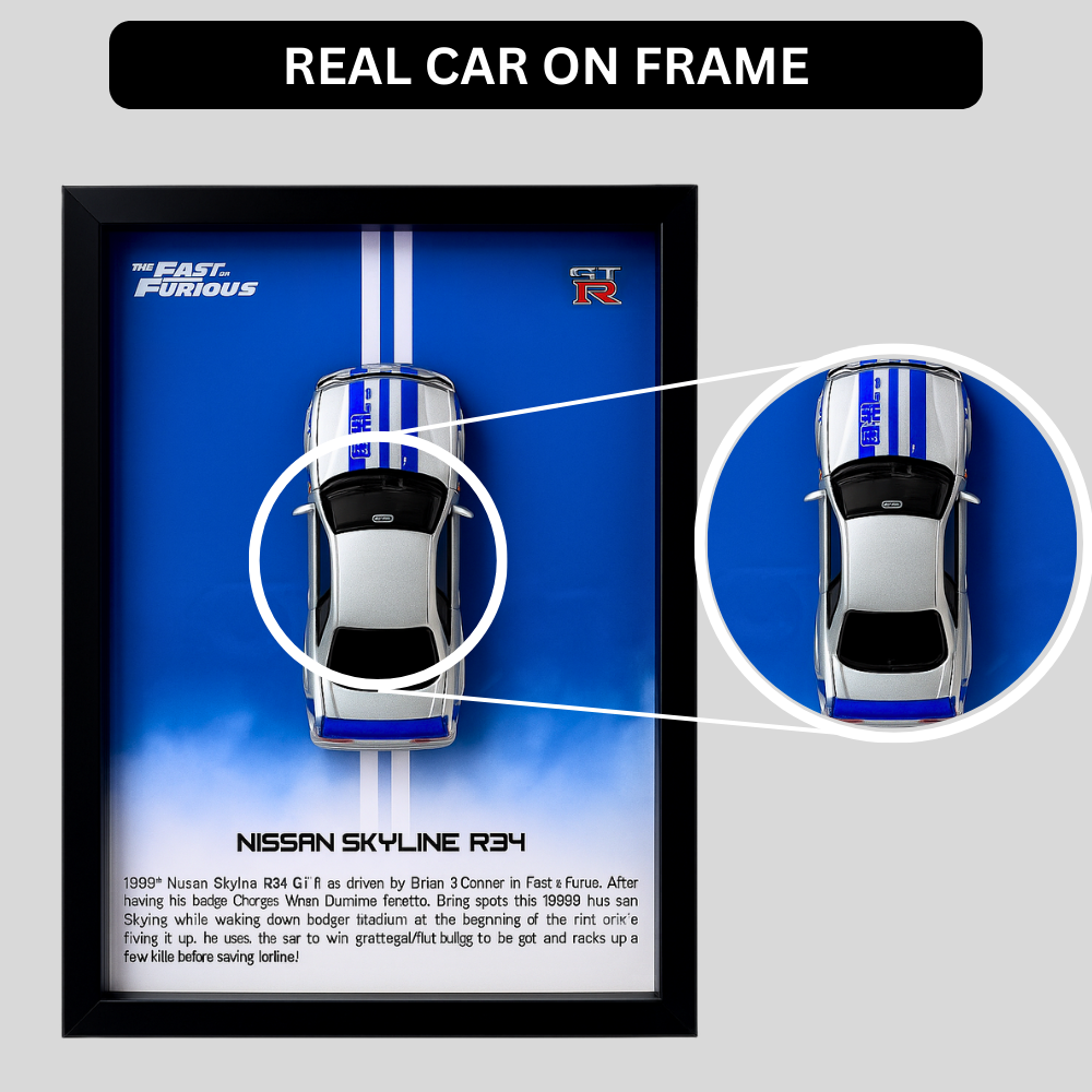 Fast & Furious Nissan Skyline R34 GT-R Diecast Car Frame 1:32 – 3D Wall Art for Collectors & Movie Fans