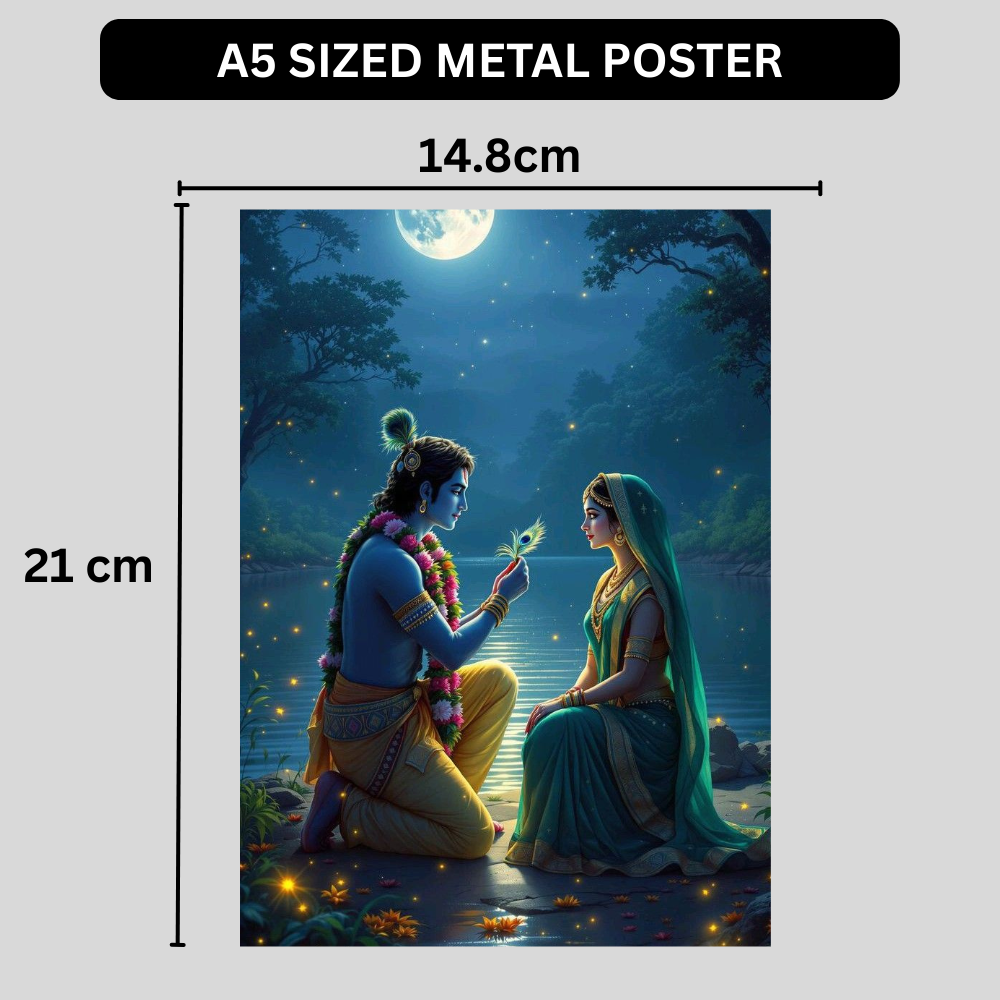 Premium Glossy Aluminium Metal Poster – Radha Krishna Moonlight Artwork | HD Hindu Spiritual Wall Decor for Home Temple, Living Room, Bedroom & Meditation Space | Waterproof, Fade-Proof Devotional Wall Frame