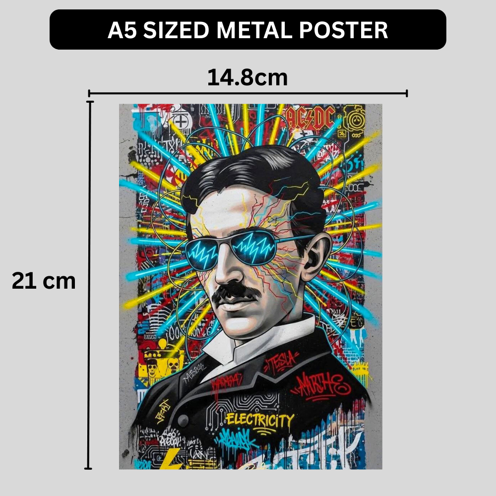 Premium Glossy Aluminium Metal Poster – Tesla Graffiti Street Art Wall Frame | High-Definition Printed Aluminium Wall Decor for Bedroom, Living Room, Gaming Room & Office | Waterproof, Fade-Proof Metal Poster