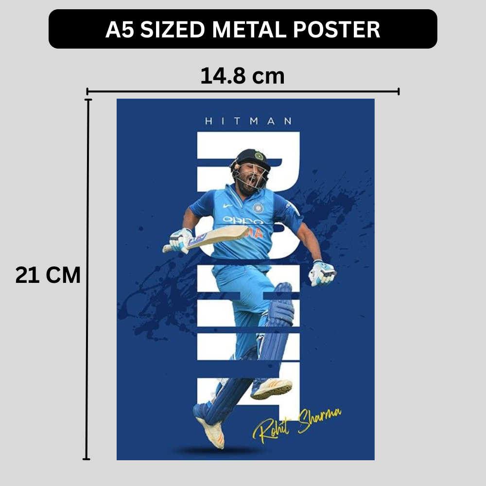 Rohit Sharma HITMAN Cricket Wall Art | Premium Glossy Aluminium Metal Poster Frame | Sports Room Decor | Ultra HD Print for Bedroom, Living Room, Office & Man Cave | Modern Home Decor Frame (Blue Edition)