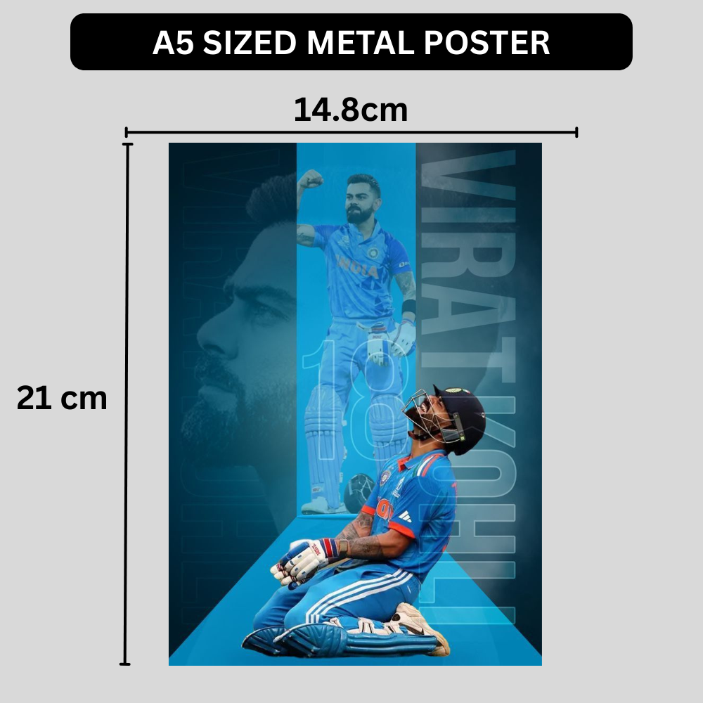 Virat Kohli Cricket Action Aluminium Glossy Metal Poster | Premium HD Wall Art Frame for Room, Office & Home Decor | Waterproof, Fade-Proof Metal Wall Poster | Cricket Legend Art Print (Glossy Finish)