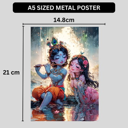 Premium Glossy Aluminium Metal Poster – Radha Krishna Flute Artwork by the Riverside | HD Hindu Spiritual Wall Decor for Home Temple, Living Room, Bedroom & Meditation Corner | Waterproof, Fade-Proof Devotional Frame