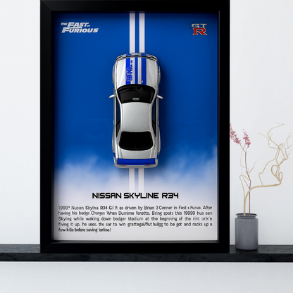 Fast & Furious Nissan Skyline R34 GT-R Diecast Car Frame 1:32 – 3D Wall Art for Collectors & Movie Fans
