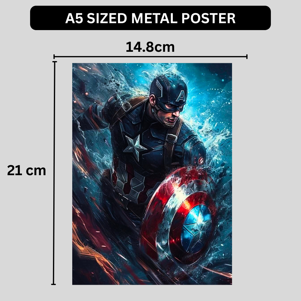 Premium Glossy Aluminium Metal Poster – Captain America Inspired Shield Artwork | HD Printed Aluminium Wall Decor for Bedroom, Gaming Room, Office & Studio | Waterproof, Fade-Proof Superhero Wall Frame