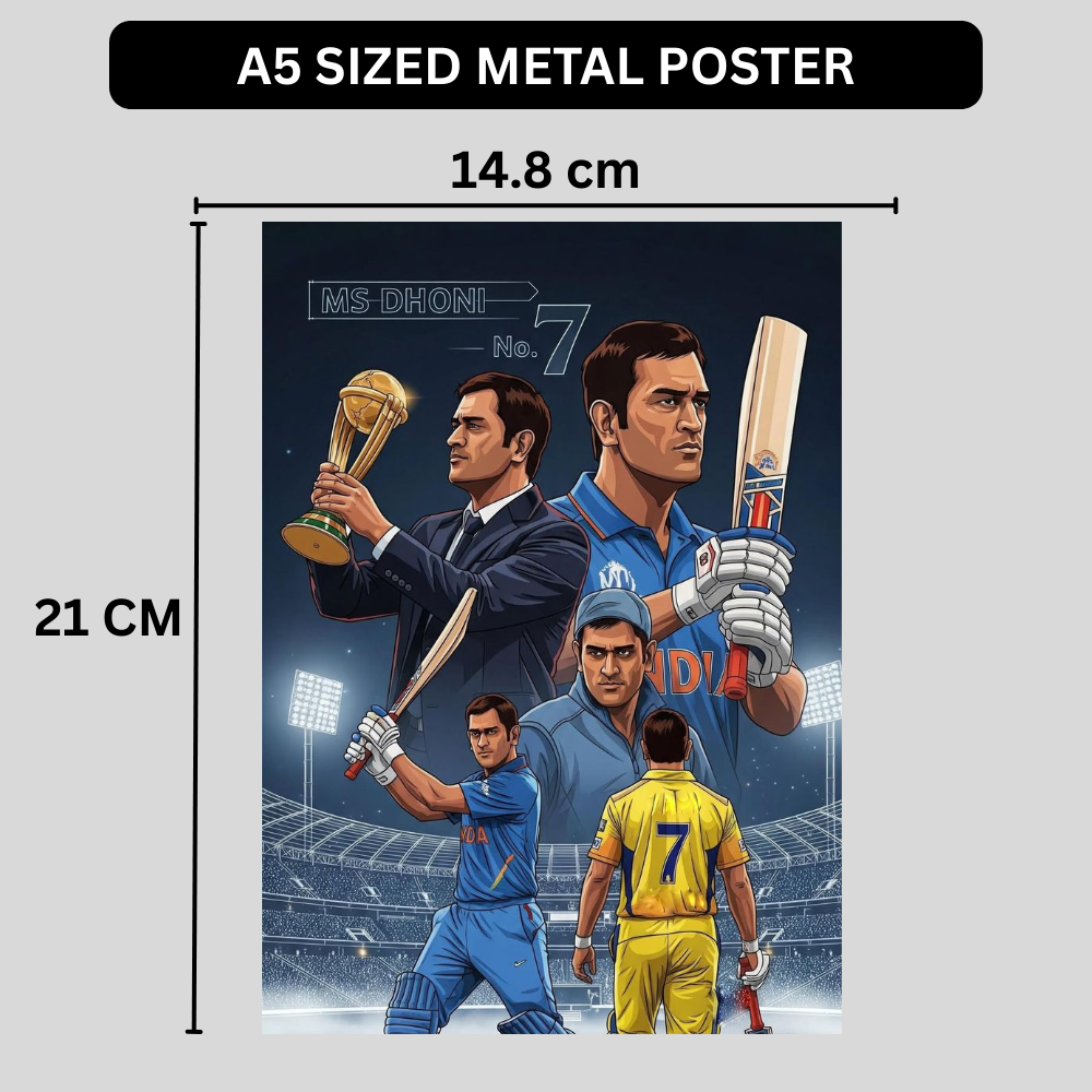 MS Dhoni No.7 Aluminium Glossy Metal Poster | Premium Cricket Wall Art | HD Metal Print for Bedroom, Living Room, Office & Man Cave | Waterproof, Fade-Proof Home Decor Frame