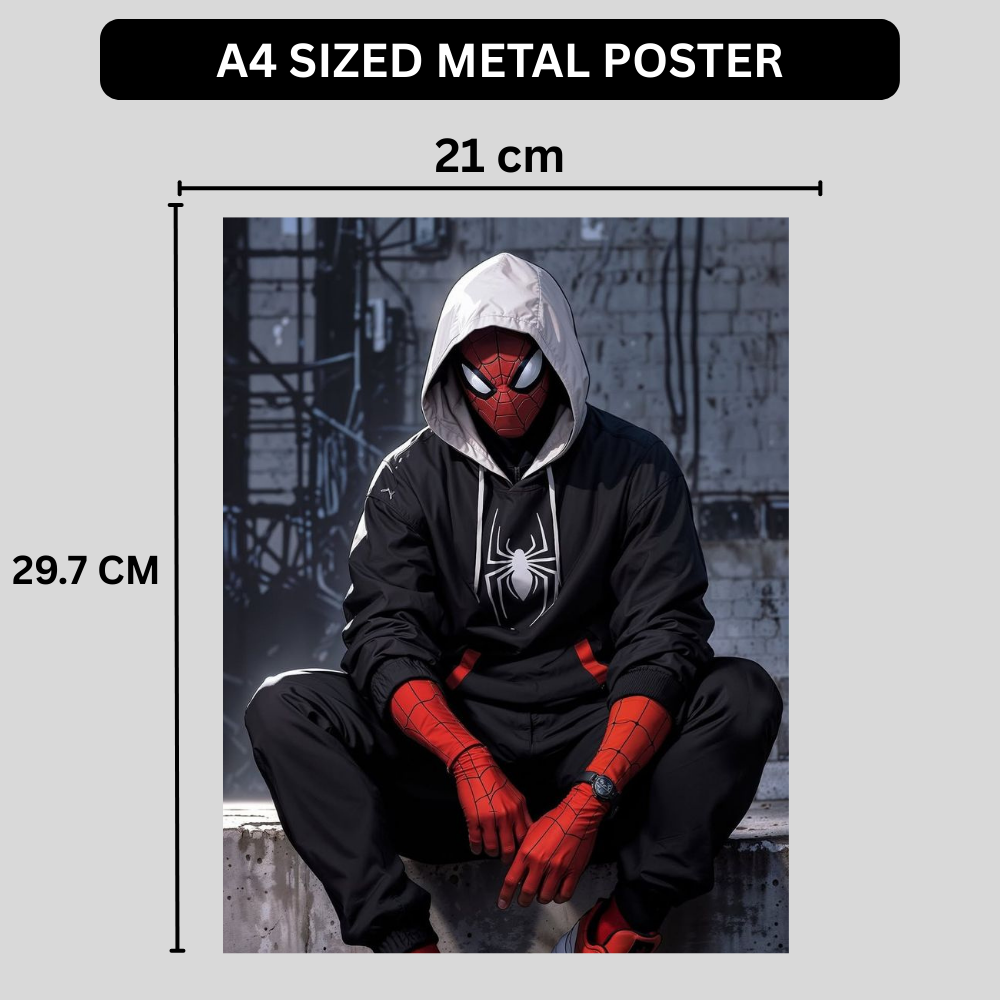 Premium Glossy Aluminium Metal Poster – Spider-Man Inspired Urban Hoodie Artwork | HD Printed Aluminium Wall Decor for Bedroom, Gaming Room, Studio & Office | Waterproof, Fade-Proof Superhero Wall Frame