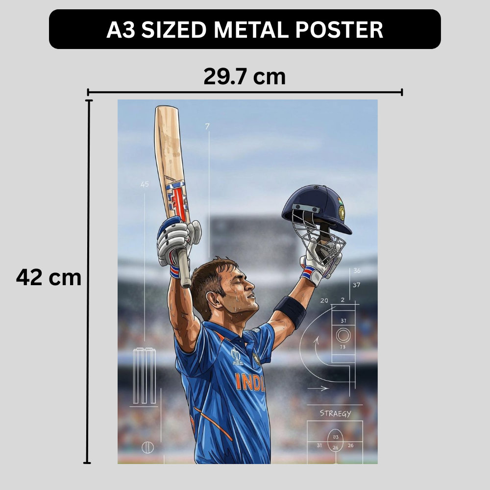 MS Dhoni Aluminium Glossy Metal Poster | Premium Cricket Wall Art Frame for Home & Office Décor | HD Printed Metal Sheet | Sports Room, Bedroom, Living Room Decoration | Cricket Legend Artwork (Gloss Finish)