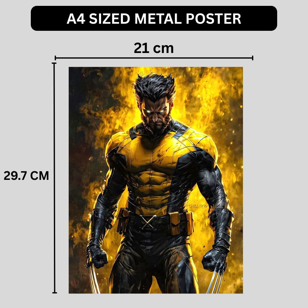 Premium Glossy Aluminium Metal Poster – Wolverine-Inspired Yellow & Black Warrior Artwork | HD Printed Aluminium Wall Decor for Bedroom, Gaming Room, Office & Studio | Waterproof, Fade-Proof Superhero Wall Frame