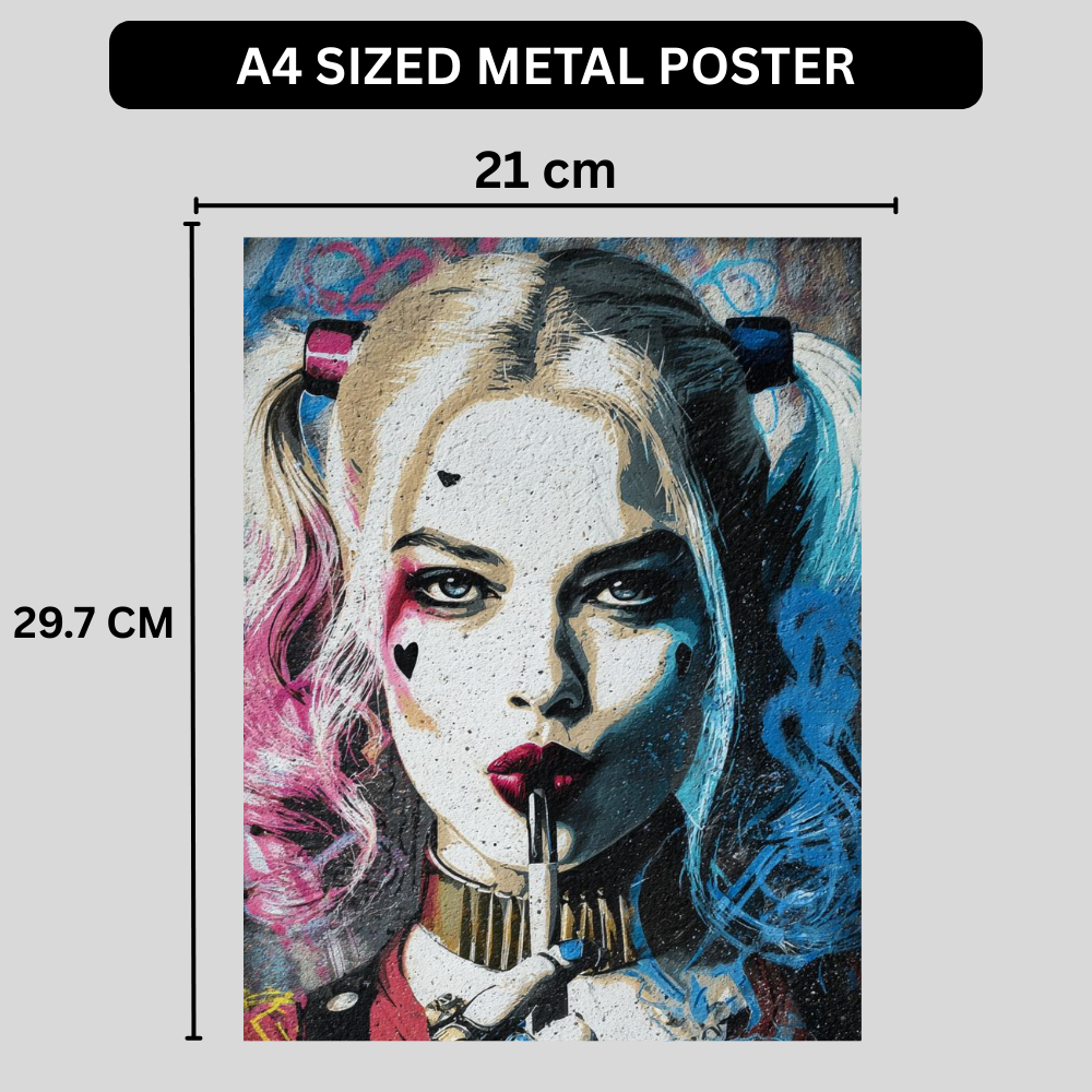 Premium Glossy Aluminium Metal Poster – Harley Quinn Inspired Graffiti Art | HD Printed Metal Wall Decor for Bedroom, Gaming Room, Living Room & Office | Waterproof, Fade-Proof Aluminium Frame