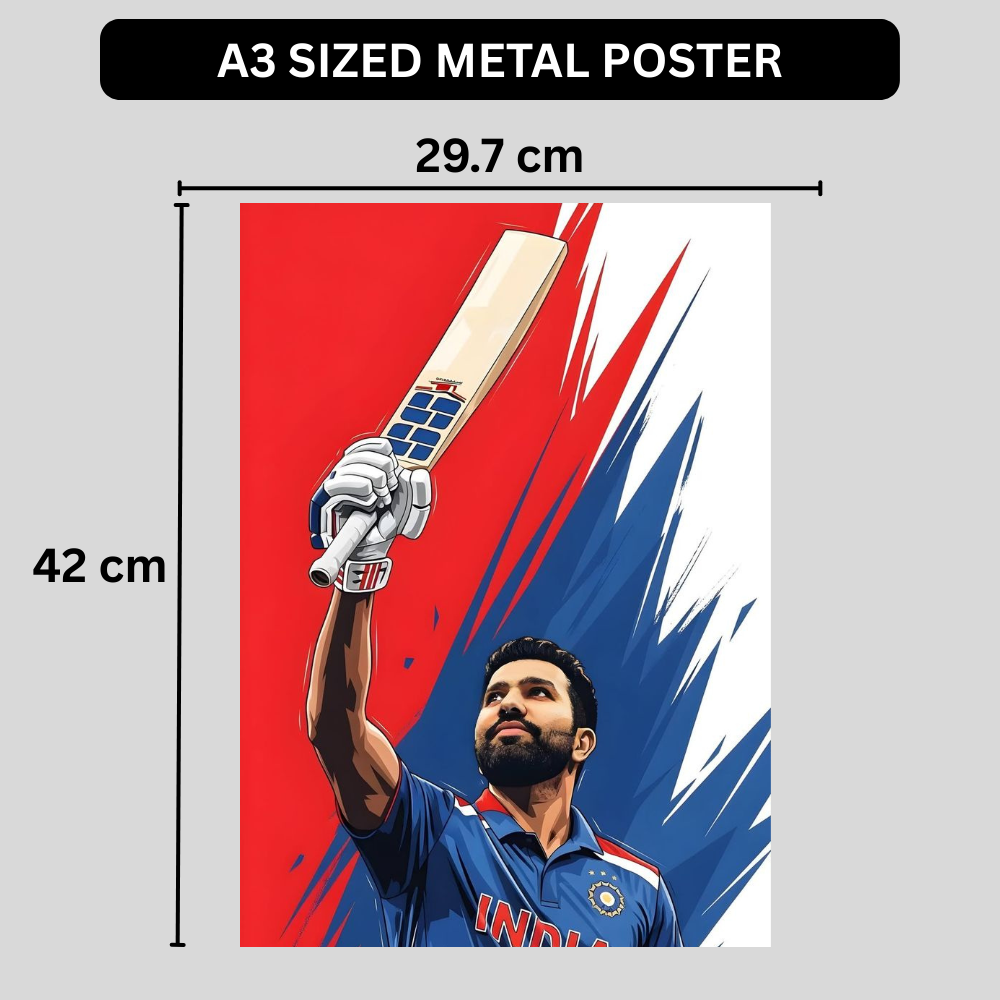 Rohit Sharma Cricket Poster | Aluminium Glossy Metal Frame | HD Wall Art for Bedroom, Living Room & Office | Cricket Legend Artwork | Premium Home Decor Panel | Metal Poster for Cricket Fans