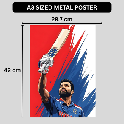 Rohit Sharma Cricket Poster | Aluminium Glossy Metal Frame | HD Wall Art for Bedroom, Living Room & Office | Cricket Legend Artwork | Premium Home Decor Panel | Metal Poster for Cricket Fans