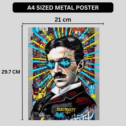 Premium Glossy Aluminium Metal Poster – Tesla Graffiti Street Art Wall Frame | High-Definition Printed Aluminium Wall Decor for Bedroom, Living Room, Gaming Room & Office | Waterproof, Fade-Proof Metal Poster