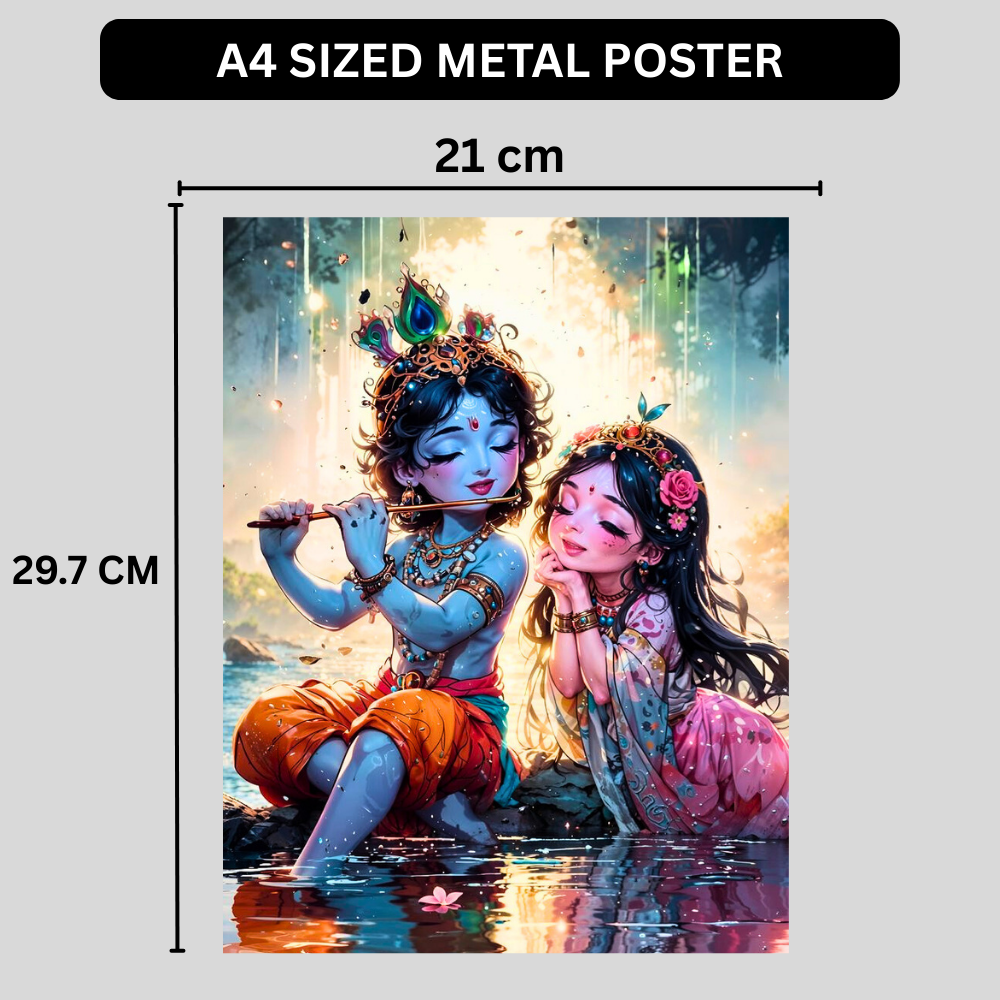 Premium Glossy Aluminium Metal Poster – Radha Krishna Flute Artwork by the Riverside | HD Hindu Spiritual Wall Decor for Home Temple, Living Room, Bedroom & Meditation Corner | Waterproof, Fade-Proof Devotional Frame