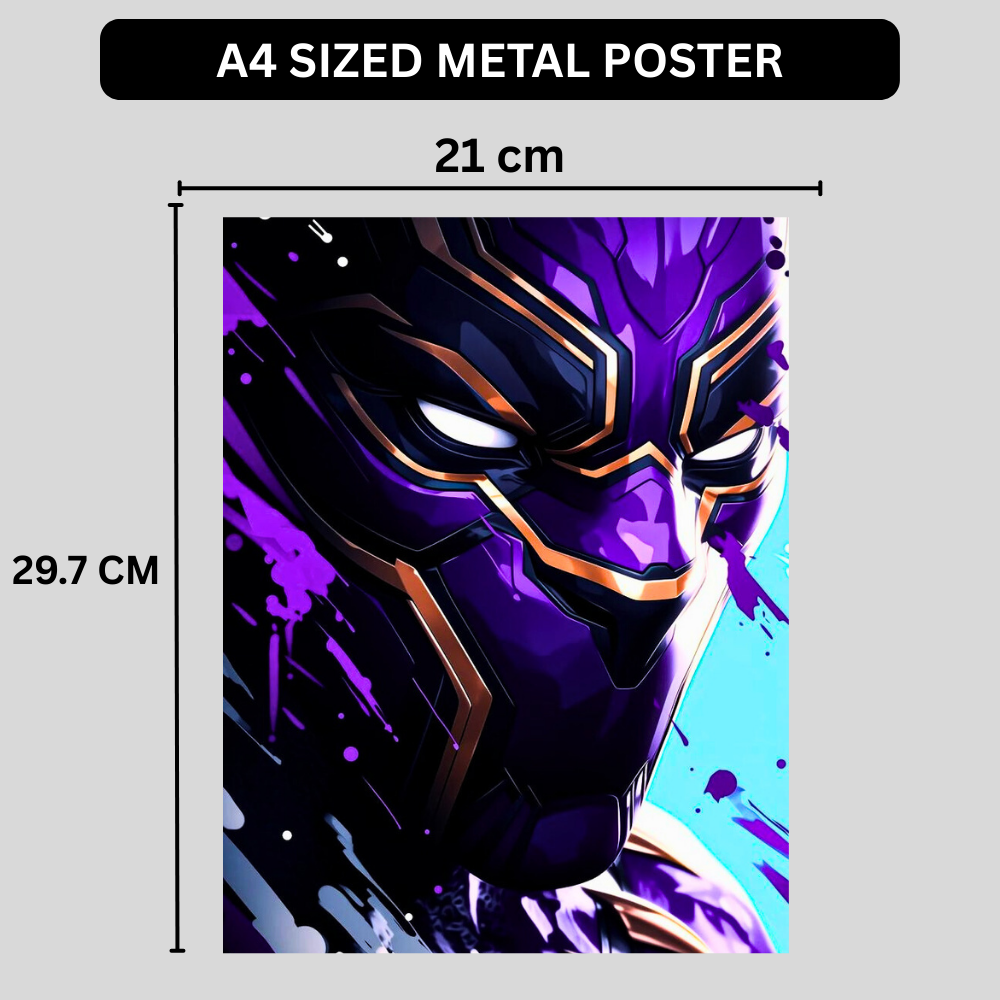 Premium Glossy Aluminium Metal Poster – Black Panther Inspired Vibrant Purple Artwork | HD Printed Aluminium Wall Decor for Bedroom, Gaming Room, Office & Studio | Waterproof, Fade-Proof Superhero Wall Frame