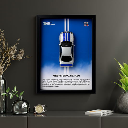 Fast & Furious Nissan Skyline R34 GT-R Diecast Car Frame 1:32 – 3D Wall Art for Collectors & Movie Fans