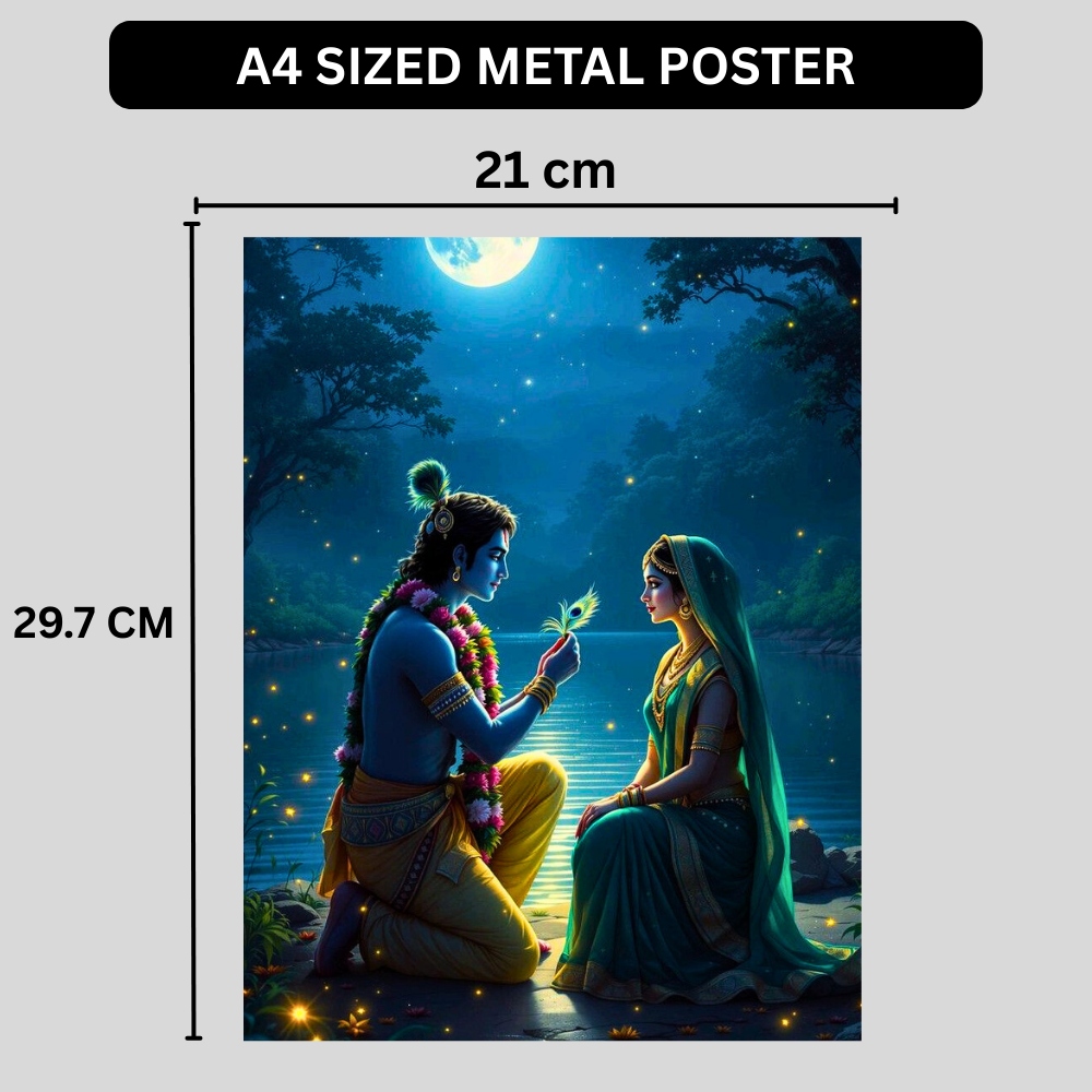 Premium Glossy Aluminium Metal Poster – Radha Krishna Moonlight Artwork | HD Hindu Spiritual Wall Decor for Home Temple, Living Room, Bedroom & Meditation Space | Waterproof, Fade-Proof Devotional Wall Frame