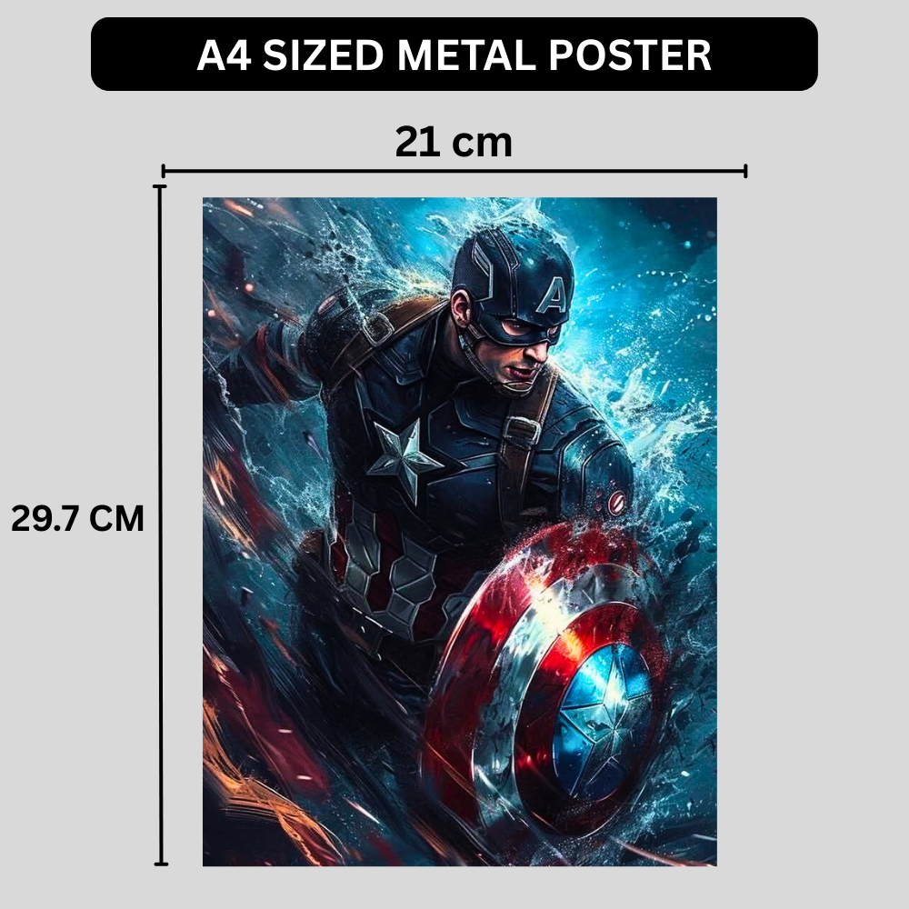 Premium Glossy Aluminium Metal Poster – Captain America Inspired Shield Artwork | HD Printed Aluminium Wall Decor for Bedroom, Gaming Room, Office & Studio | Waterproof, Fade-Proof Superhero Wall Frame