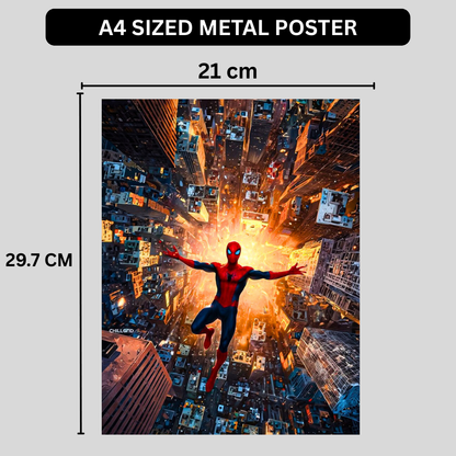 Premium Glossy Aluminium Metal Poster – Spider-Man Inspired City Dive Artwork | HD Printed Aluminium Wall Decor for Bedroom, Gaming Room, Office & Studio | Waterproof, Fade-Proof Superhero Frame