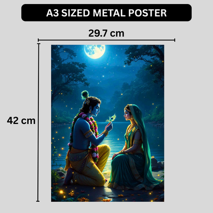 Premium Glossy Aluminium Metal Poster – Radha Krishna Moonlight Artwork | HD Hindu Spiritual Wall Decor for Home Temple, Living Room, Bedroom & Meditation Space | Waterproof, Fade-Proof Devotional Wall Frame
