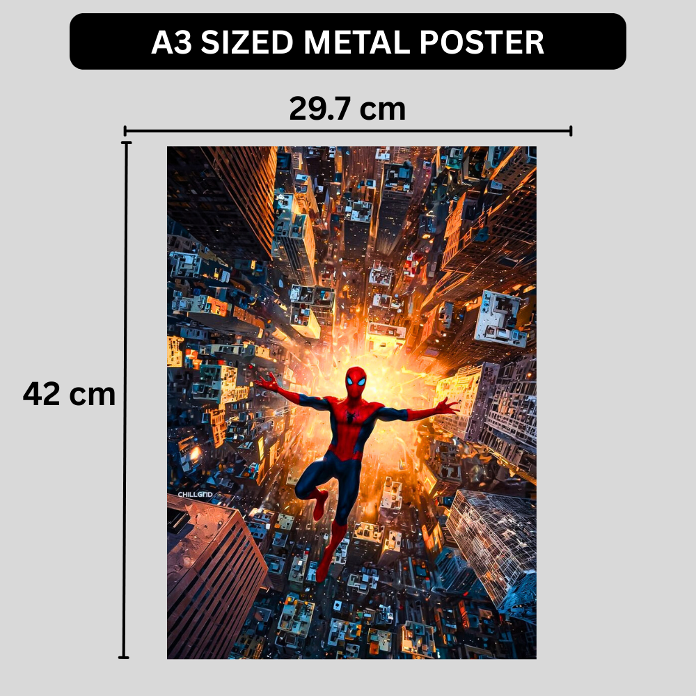 Premium Glossy Aluminium Metal Poster – Spider-Man Inspired City Dive Artwork | HD Printed Aluminium Wall Decor for Bedroom, Gaming Room, Office & Studio | Waterproof, Fade-Proof Superhero Frame