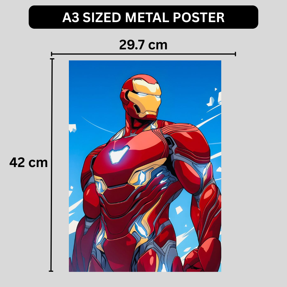 Premium Glossy Aluminium Metal Poster – Iron Man Inspired Red & Gold Armour Artwork | HD Printed Aluminium Wall Decor for Bedroom, Gaming Room, Office & Studio | Waterproof, Fade-Proof Superhero Wall Frame