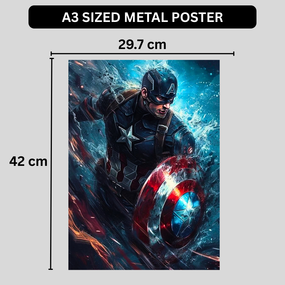 Premium Glossy Aluminium Metal Poster – Captain America Inspired Shield Artwork | HD Printed Aluminium Wall Decor for Bedroom, Gaming Room, Office & Studio | Waterproof, Fade-Proof Superhero Wall Frame