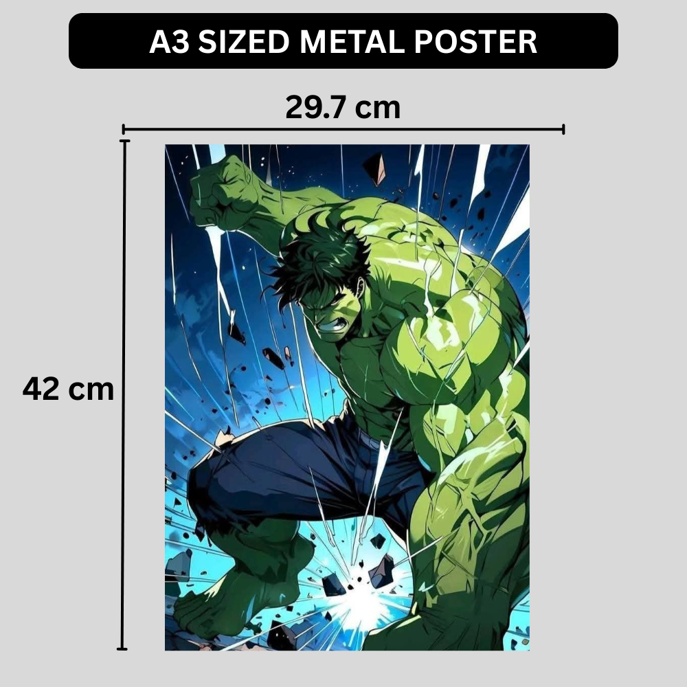 Premium Glossy Aluminium Metal Poster – Hu1k-Inspired Smash Action Artwork | HD Printed Aluminium Wall Decor for Bedroom, Gaming Room, Office & Studio | Waterproof, Fade-Proof Superhero Wall Frame