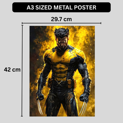 Premium Glossy Aluminium Metal Poster – Wolverine-Inspired Yellow & Black Warrior Artwork | HD Printed Aluminium Wall Decor for Bedroom, Gaming Room, Office & Studio | Waterproof, Fade-Proof Superhero Wall Frame