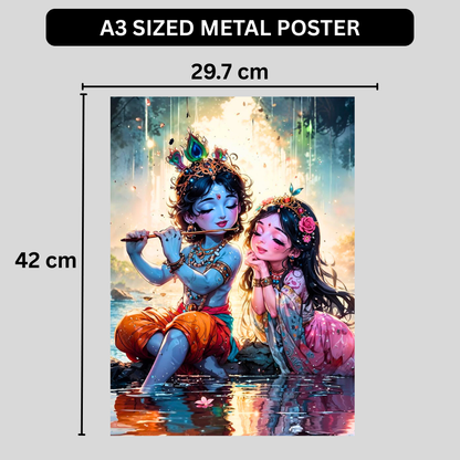 Premium Glossy Aluminium Metal Poster – Radha Krishna Flute Artwork by the Riverside | HD Hindu Spiritual Wall Decor for Home Temple, Living Room, Bedroom & Meditation Corner | Waterproof, Fade-Proof Devotional Frame