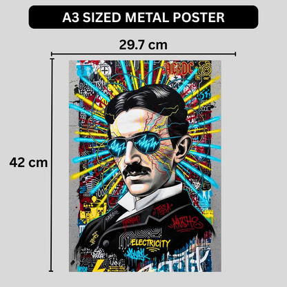 Premium Glossy Aluminium Metal Poster – Tesla Graffiti Street Art Wall Frame | High-Definition Printed Aluminium Wall Decor for Bedroom, Living Room, Gaming Room & Office | Waterproof, Fade-Proof Metal Poster