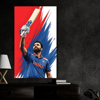 Rohit Sharma Cricket Poster | Aluminium Glossy Metal Frame | HD Wall Art for Bedroom, Living Room & Office | Cricket Legend Artwork | Premium Home Decor Panel | Metal Poster for Cricket Fans