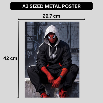 Premium Glossy Aluminium Metal Poster – Spider-Man Inspired Urban Hoodie Artwork | HD Printed Aluminium Wall Decor for Bedroom, Gaming Room, Studio & Office | Waterproof, Fade-Proof Superhero Wall Frame