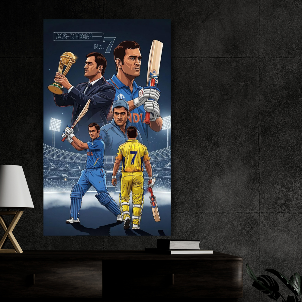 MS Dhoni No.7 Aluminium Glossy Metal Poster | Premium Cricket Wall Art | HD Metal Print for Bedroom, Living Room, Office & Man Cave | Waterproof, Fade-Proof Home Decor Frame