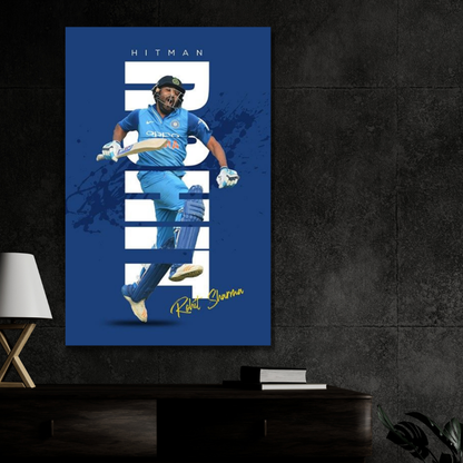 Rohit Sharma HITMAN Cricket Wall Art | Premium Glossy Aluminium Metal Poster Frame | Sports Room Decor | Ultra HD Print for Bedroom, Living Room, Office & Man Cave | Modern Home Decor Frame (Blue Edition)