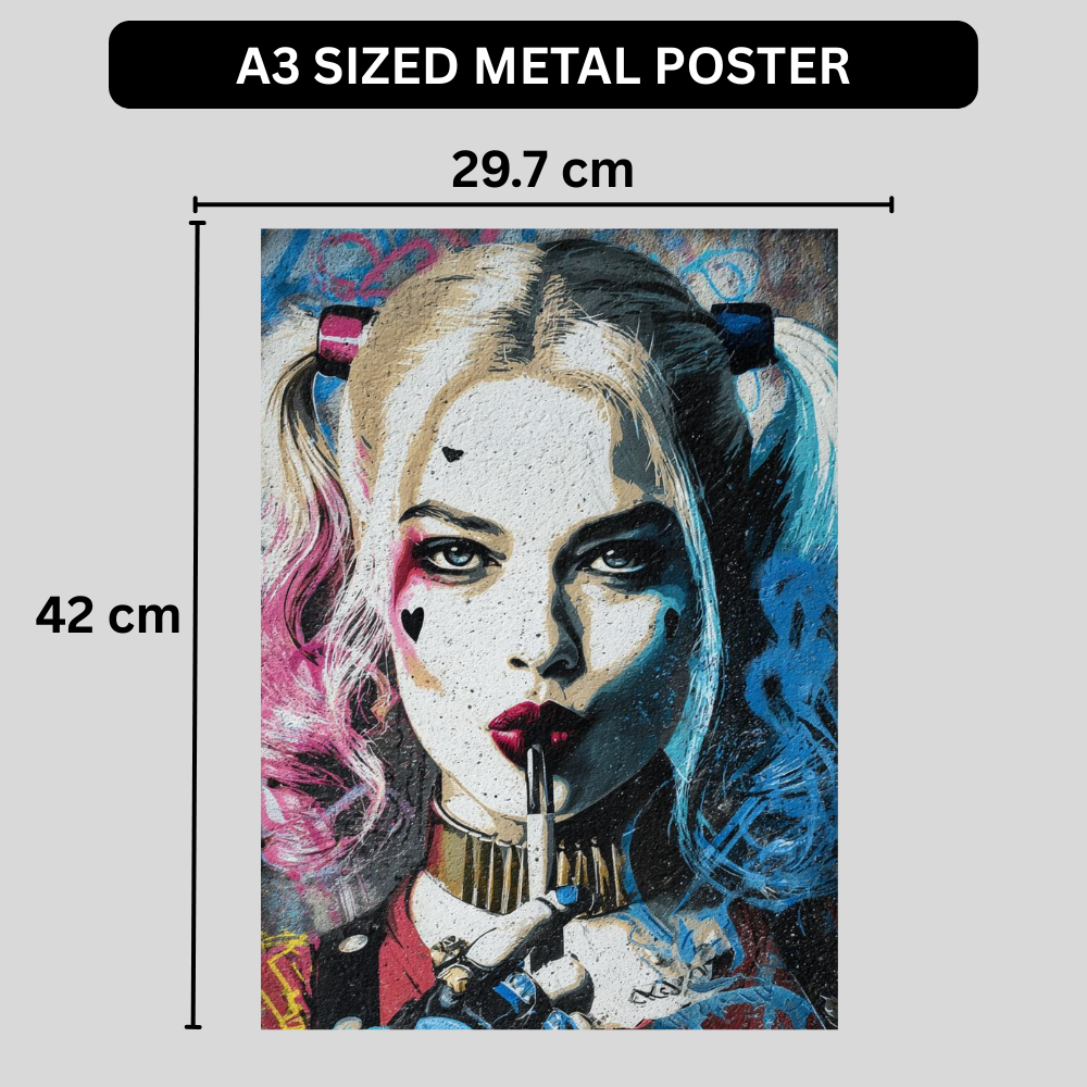 Premium Glossy Aluminium Metal Poster – Harley Quinn Inspired Graffiti Art | HD Printed Metal Wall Decor for Bedroom, Gaming Room, Living Room & Office | Waterproof, Fade-Proof Aluminium Frame