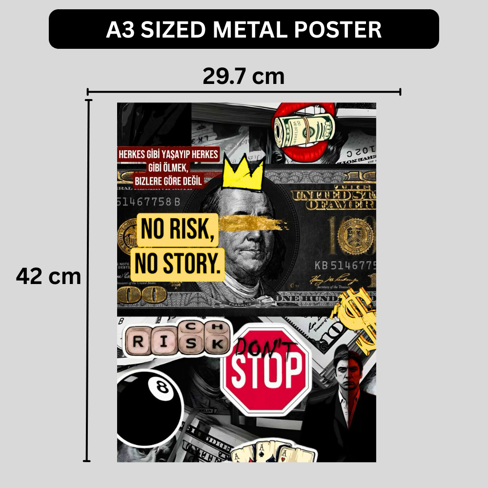 Premium Glossy Aluminium Metal Poster – “No Risk No Story” Money Collage Art | HD Printed Aluminium Wall Decor for Office, Bedroom, Gaming Room & Studio | Waterproof, Fade-Proof Motivational Wall Frame