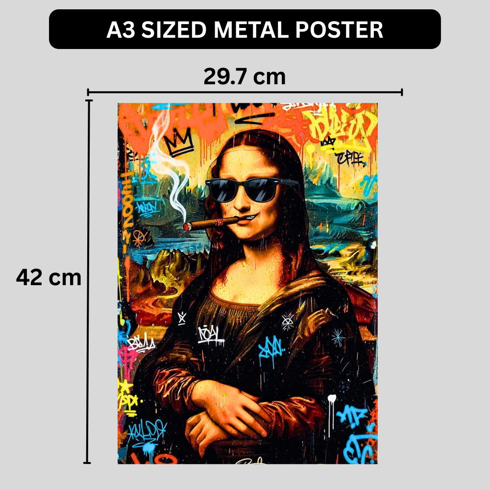 Premium Glossy Aluminium Metal Poster | Graffiti Mona Lisa Wall Art for Home Décor | Vibrant Street Art Frame for Bedroom, Living Room & Office | Modern Printed Metal Wall Decor