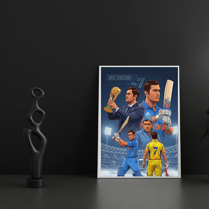 MS Dhoni No.7 Aluminium Glossy Metal Poster | Premium Cricket Wall Art | HD Metal Print for Bedroom, Living Room, Office & Man Cave | Waterproof, Fade-Proof Home Decor Frame