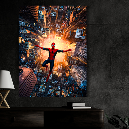 Premium Glossy Aluminium Metal Poster – Spider-Man Inspired City Dive Artwork | HD Printed Aluminium Wall Decor for Bedroom, Gaming Room, Office & Studio | Waterproof, Fade-Proof Superhero Frame