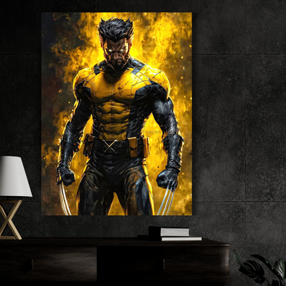 Premium Glossy Aluminium Metal Poster – Wolverine-Inspired Yellow & Black Warrior Artwork | HD Printed Aluminium Wall Decor for Bedroom, Gaming Room, Office & Studio | Waterproof, Fade-Proof Superhero Wall Frame