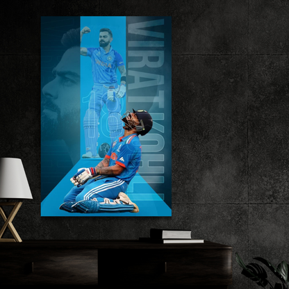 Virat Kohli Cricket Action Aluminium Glossy Metal Poster | Premium HD Wall Art Frame for Room, Office & Home Decor | Waterproof, Fade-Proof Metal Wall Poster | Cricket Legend Art Print (Glossy Finish)