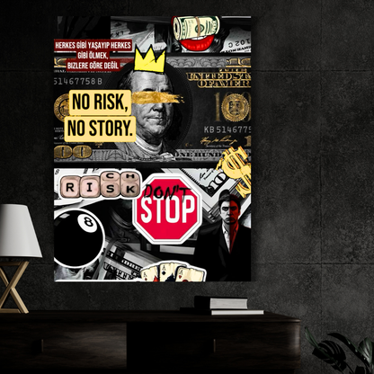 Premium Glossy Aluminium Metal Poster – “No Risk No Story” Money Collage Art | HD Printed Aluminium Wall Decor for Office, Bedroom, Gaming Room & Studio | Waterproof, Fade-Proof Motivational Wall Frame
