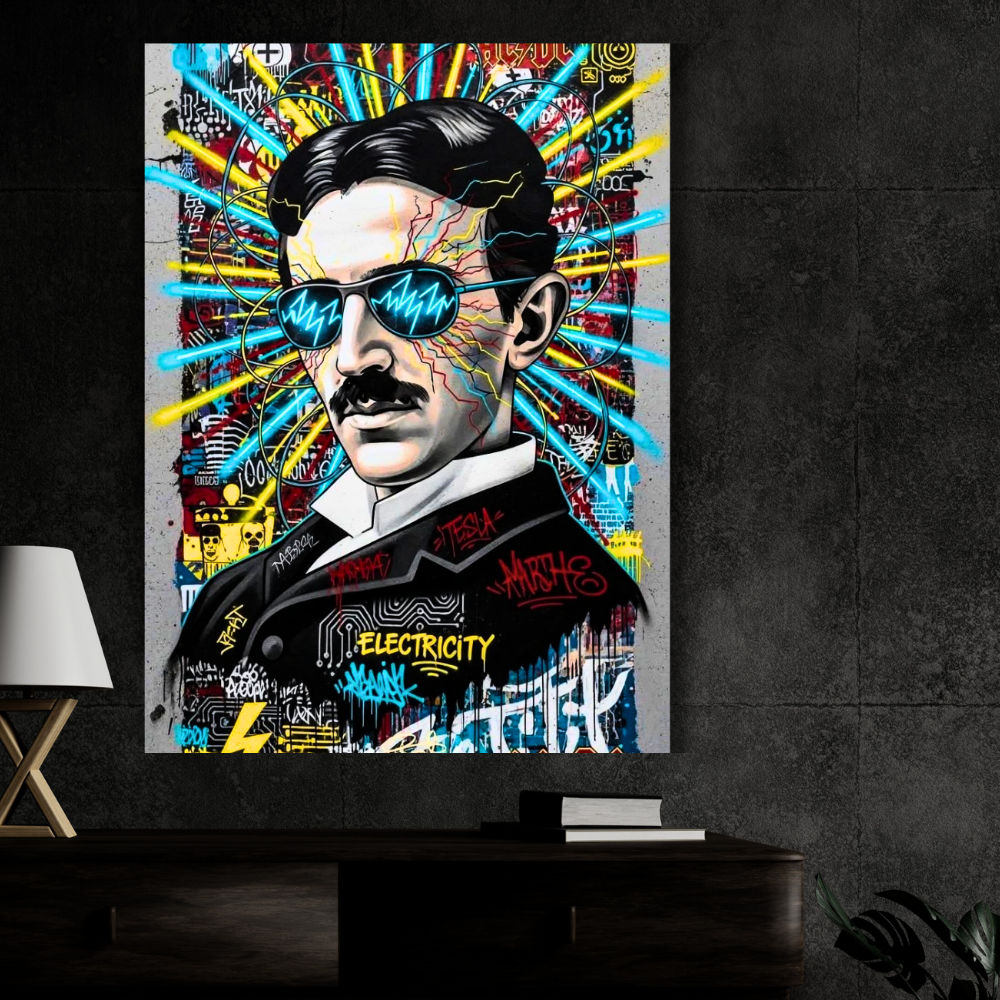 Premium Glossy Aluminium Metal Poster – Tesla Graffiti Street Art Wall Frame | High-Definition Printed Aluminium Wall Decor for Bedroom, Living Room, Gaming Room & Office | Waterproof, Fade-Proof Metal Poster