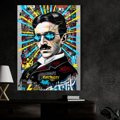 Premium Glossy Aluminium Metal Poster – Tesla Graffiti Street Art Wall Frame | High-Definition Printed Aluminium Wall Decor for Bedroom, Living Room, Gaming Room & Office | Waterproof, Fade-Proof Metal Poster