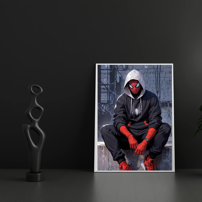 Premium Glossy Aluminium Metal Poster – Spider-Man Inspired Urban Hoodie Artwork | HD Printed Aluminium Wall Decor for Bedroom, Gaming Room, Studio & Office | Waterproof, Fade-Proof Superhero Wall Frame