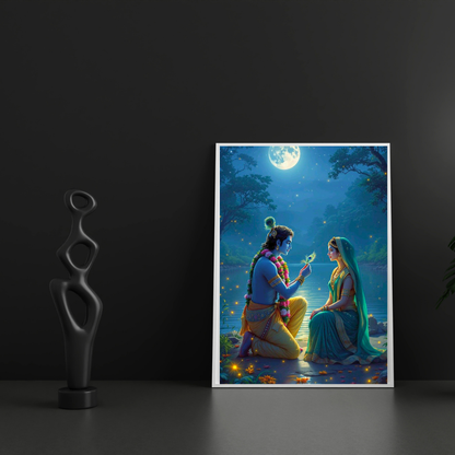 Premium Glossy Aluminium Metal Poster – Radha Krishna Moonlight Artwork | HD Hindu Spiritual Wall Decor for Home Temple, Living Room, Bedroom & Meditation Space | Waterproof, Fade-Proof Devotional Wall Frame