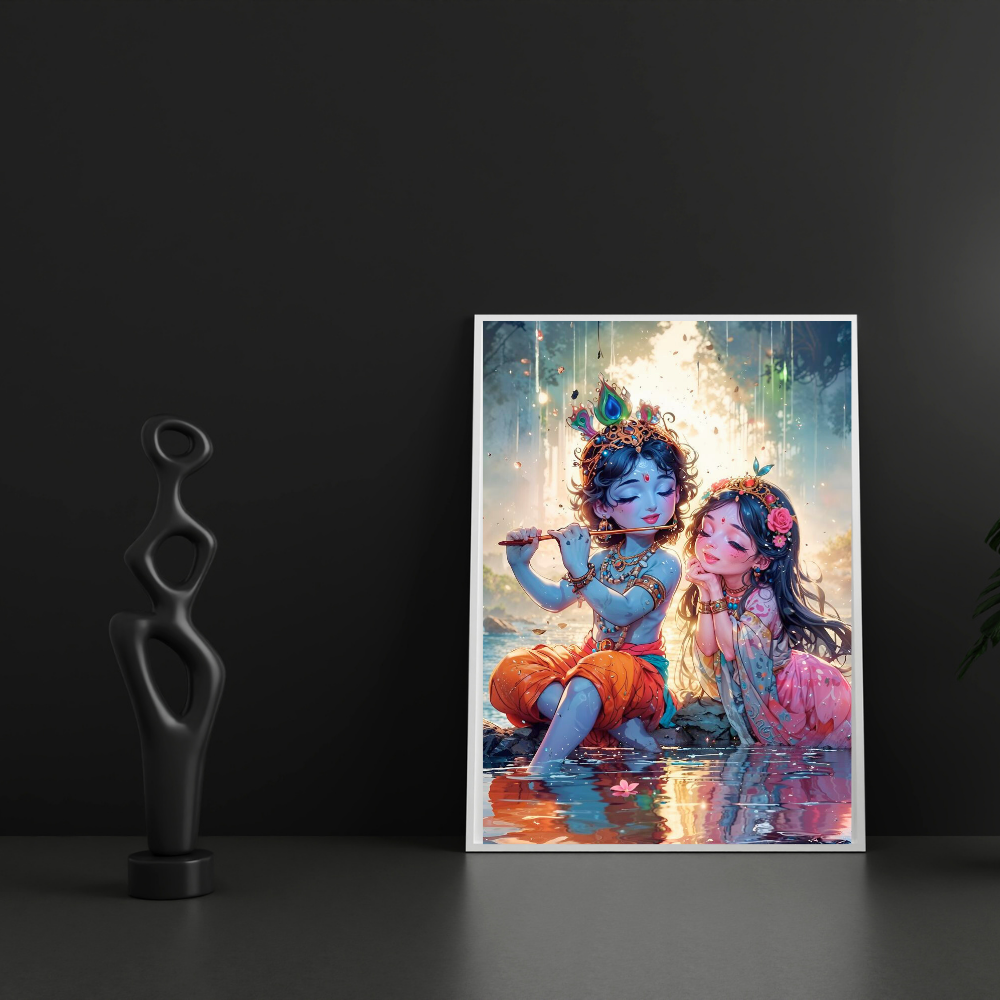 Premium Glossy Aluminium Metal Poster – Radha Krishna Flute Artwork by the Riverside | HD Hindu Spiritual Wall Decor for Home Temple, Living Room, Bedroom & Meditation Corner | Waterproof, Fade-Proof Devotional Frame