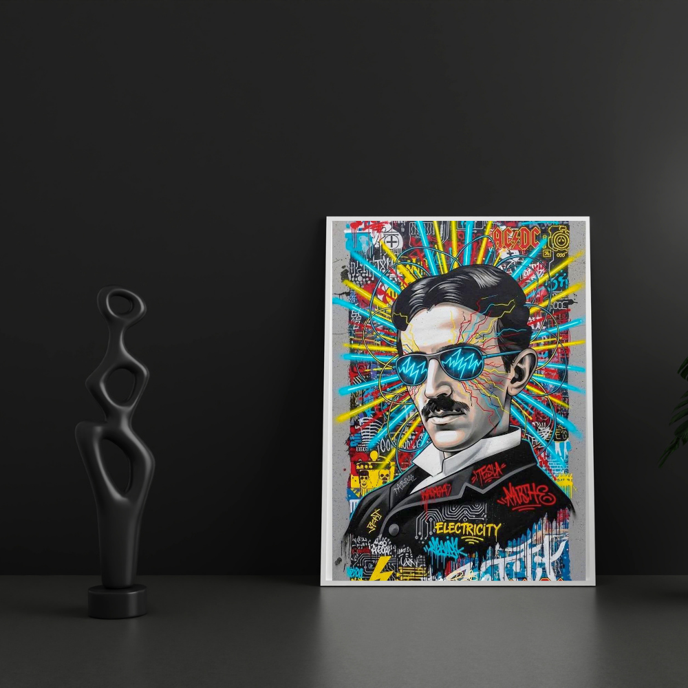Premium Glossy Aluminium Metal Poster – Tesla Graffiti Street Art Wall Frame | High-Definition Printed Aluminium Wall Decor for Bedroom, Living Room, Gaming Room & Office | Waterproof, Fade-Proof Metal Poster