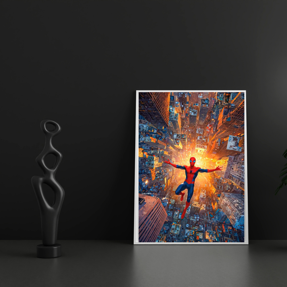 Premium Glossy Aluminium Metal Poster – Spider-Man Inspired City Dive Artwork | HD Printed Aluminium Wall Decor for Bedroom, Gaming Room, Office & Studio | Waterproof, Fade-Proof Superhero Frame